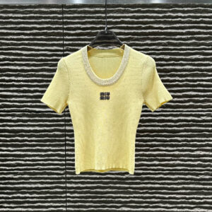Miu Miu - T-shirt maille fine logo brodé - Jaune pâle