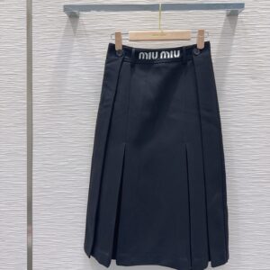 Miu Miu - Jupe midi plissée taille logo - Bleu marine