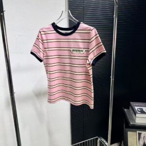 Miu Miu - T-shirt rayé logo brodé - Rose et noir