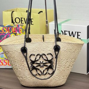 Loewe - Cabas paille anagram cuir noir