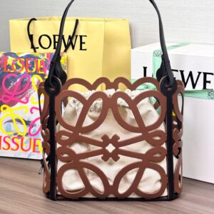 Loewe - Sac panier raffia anagram cuir marron